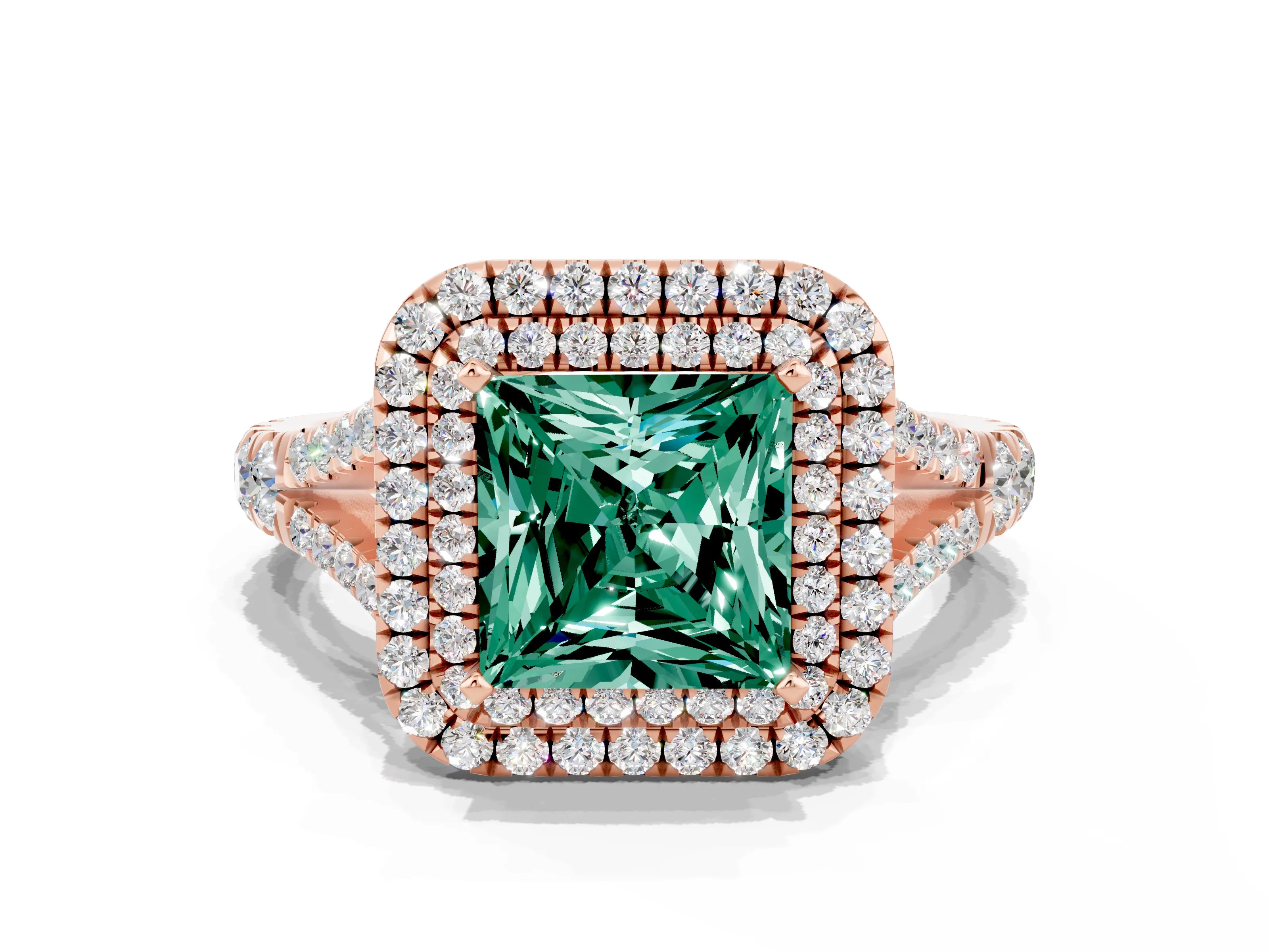 Rose gold Princess Cut Green Sapphire Double Halo Ring with Split Shank and Prong Setting_12