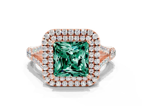 Rose gold Princess Cut Green Sapphire Double Halo Ring with Split Shank and Prong Setting_12