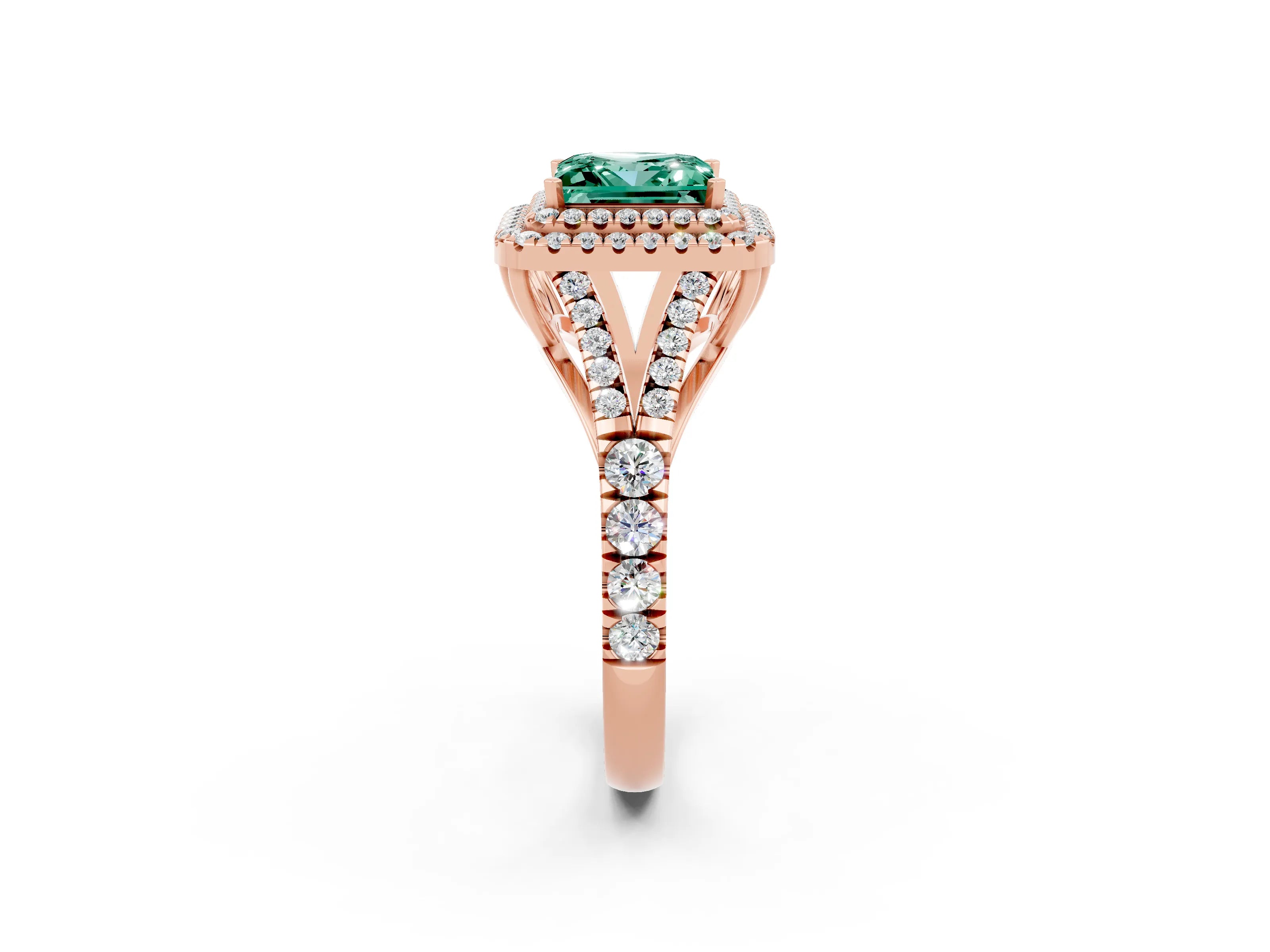 Rose gold Princess Cut Green Sapphire Double Halo Ring with Split Shank and Prong Setting_14