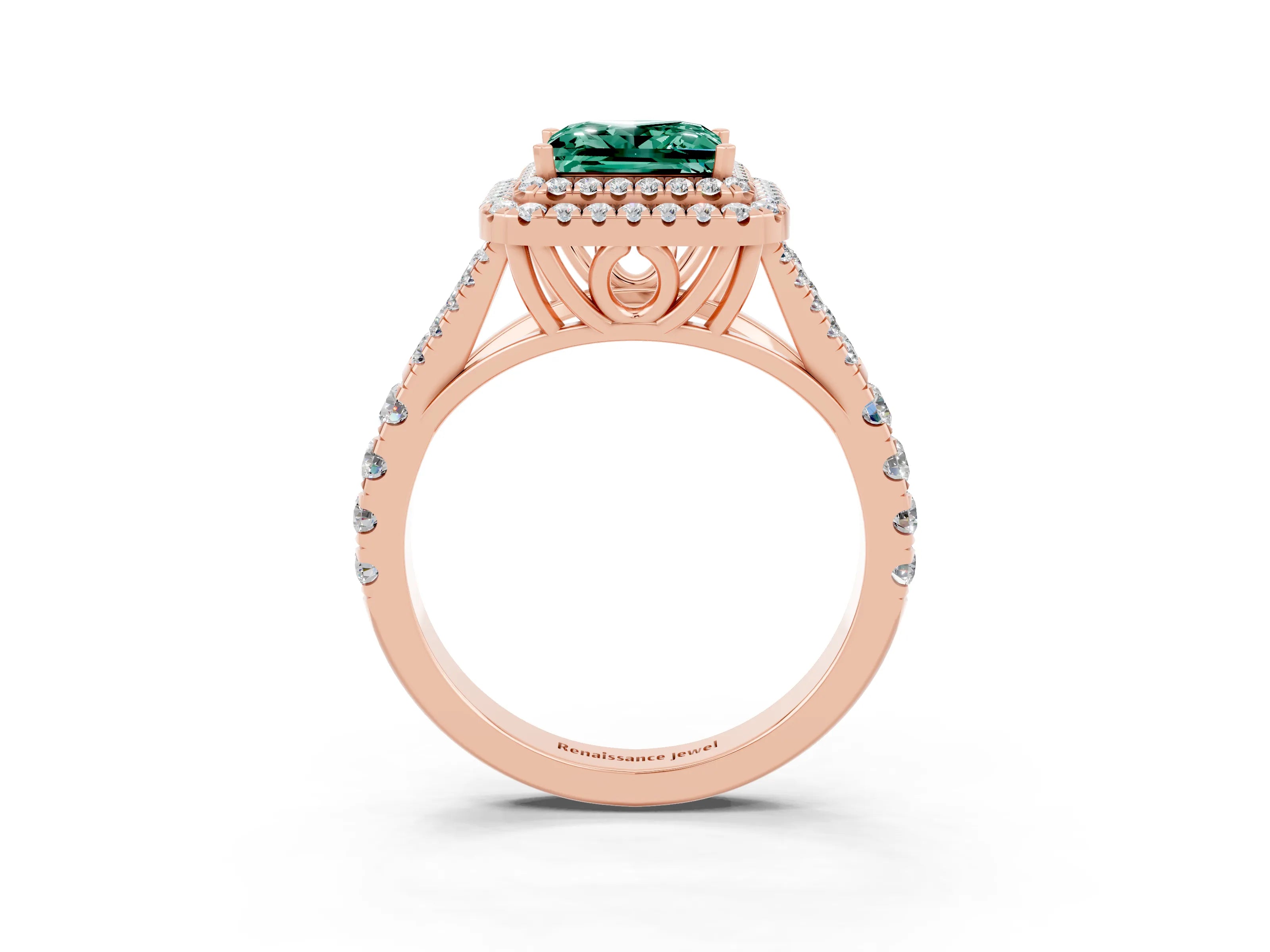 Rose gold Princess Cut Green Sapphire Double Halo Ring with Split Shank and Prong Setting_15