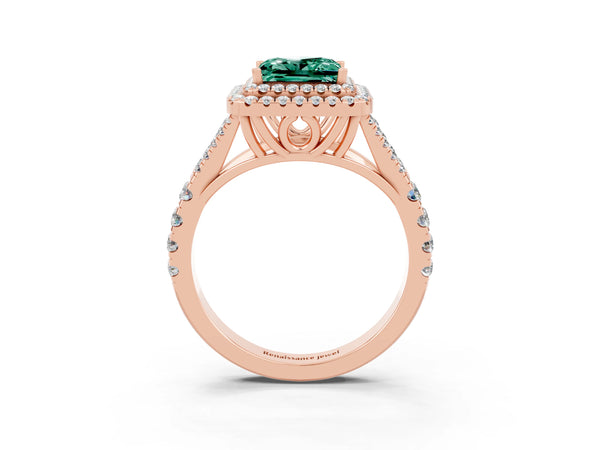 Rose gold Princess Cut Green Sapphire Double Halo Ring with Split Shank and Prong Setting