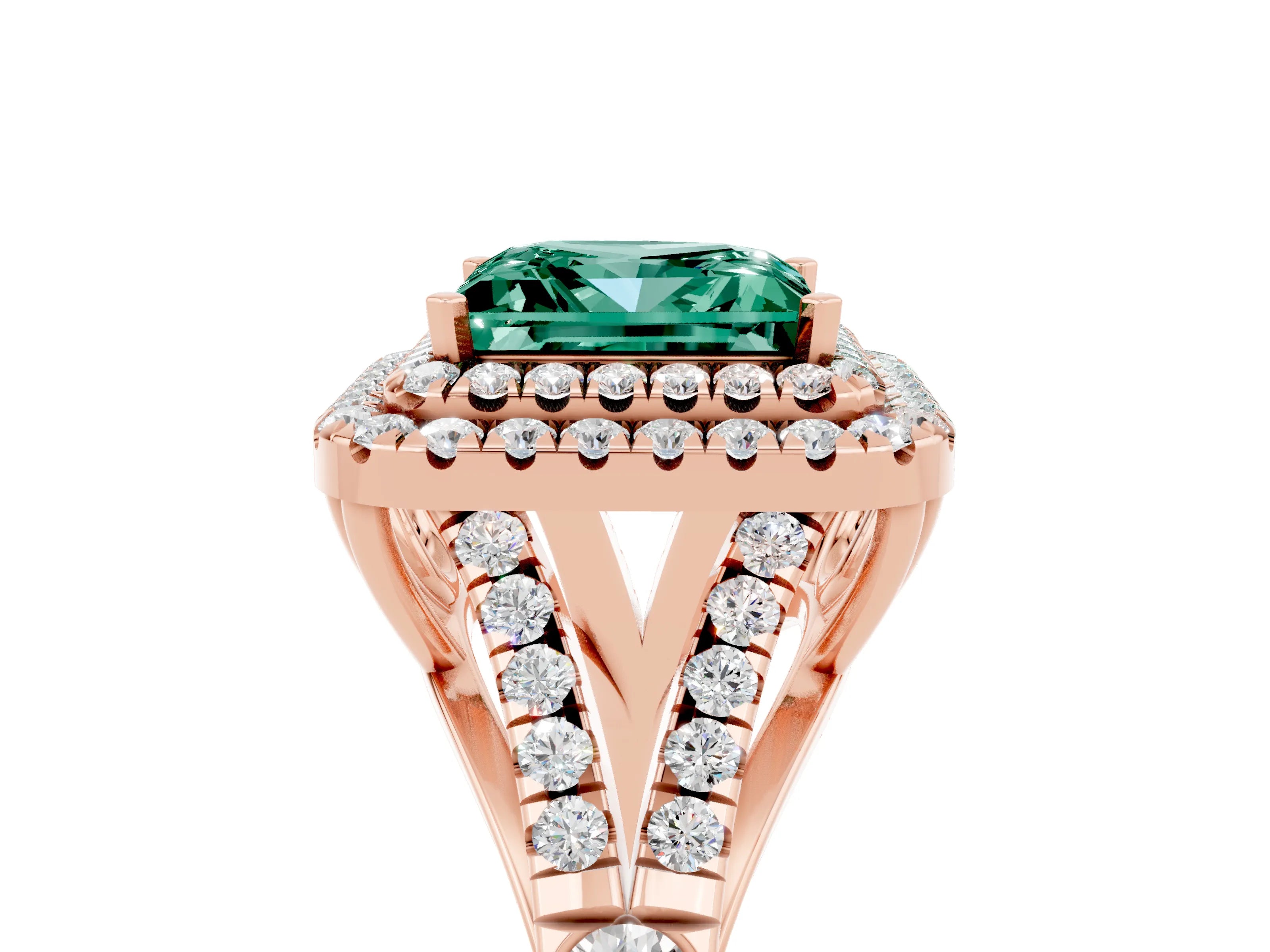 Rose gold Princess Cut Green Sapphire Double Halo Ring with Split Shank and Prong Setting_17