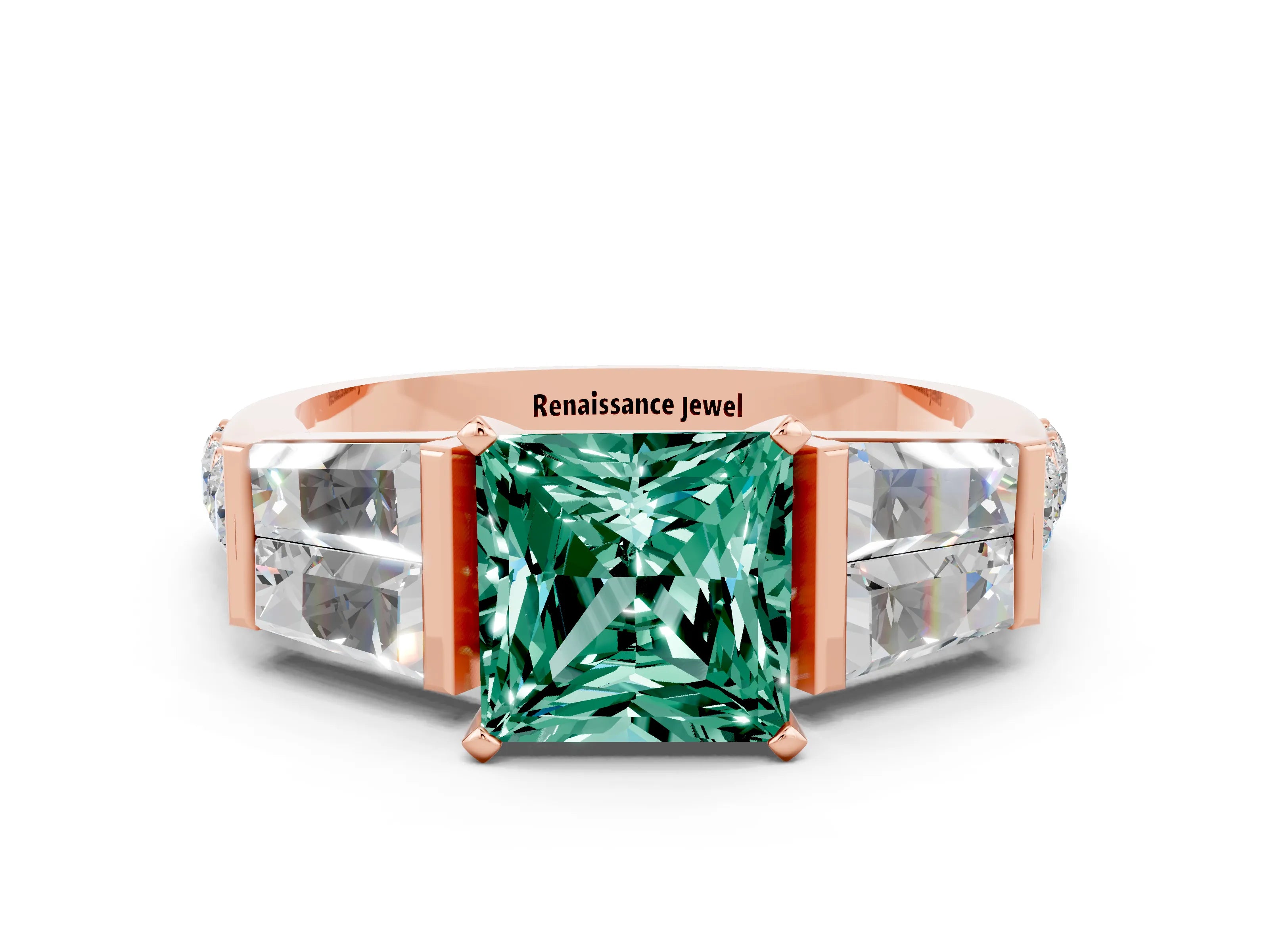 Rose gold Princess Cut Green Sapphire Engagement Ring with Baguette Side Stones and Channel Set Band
