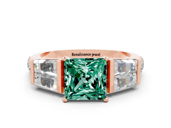 Rose gold Princess Cut Green Sapphire Engagement Ring with Baguette Side Stones and Channel Set Band