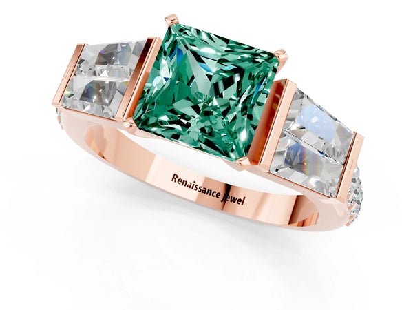 Rose gold Princess Cut Green Sapphire Engagement Ring with Baguette Side Stones and Channel Set Band