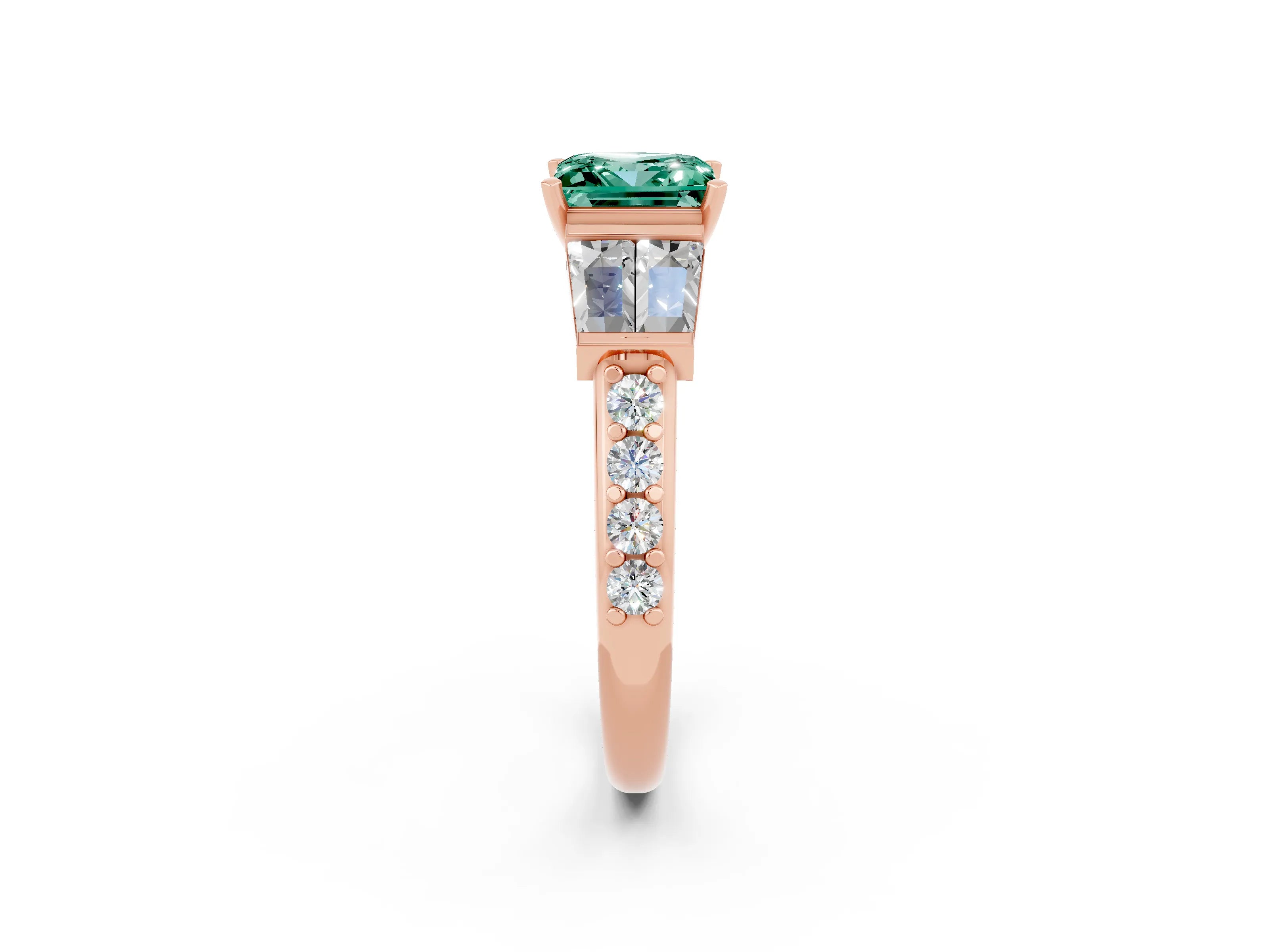 Rose gold Princess Cut Green Sapphire Engagement Ring with Baguette Side Stones and Channel Set Band_2