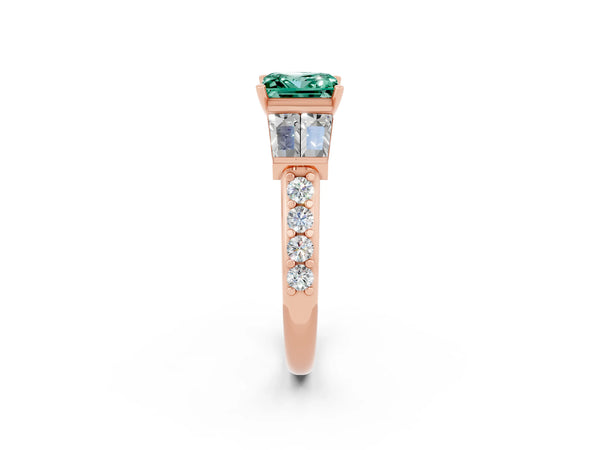 Rose gold Princess Cut Green Sapphire Engagement Ring with Baguette Side Stones and Channel Set Band