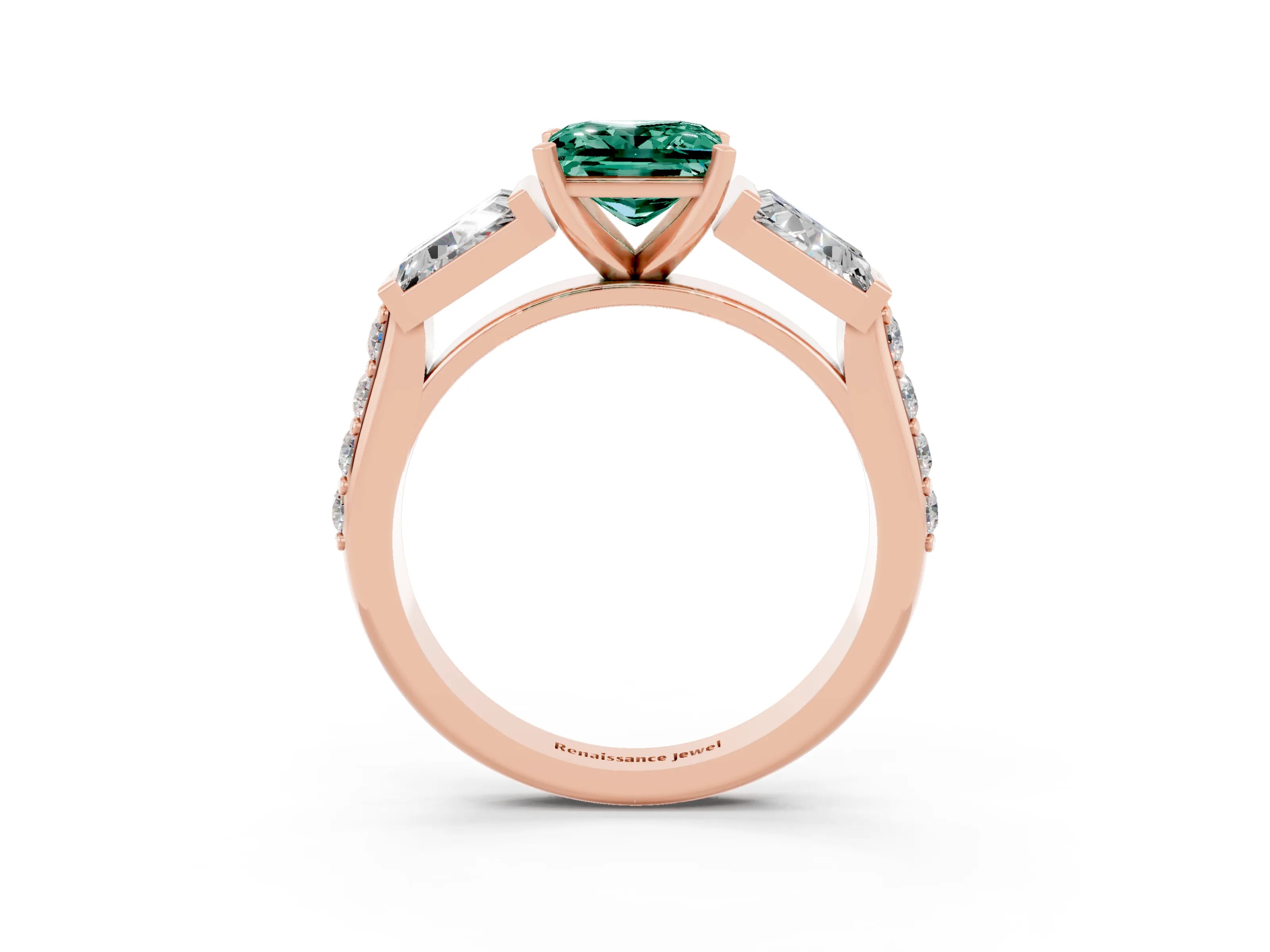 Rose gold Princess Cut Green Sapphire Engagement Ring with Baguette Side Stones and Channel Set Band_3