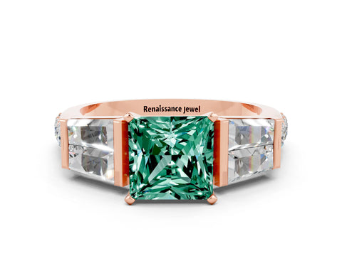Rose gold Princess Cut Green Sapphire Engagement Ring with Baguette Side Stones and Channel Set Band