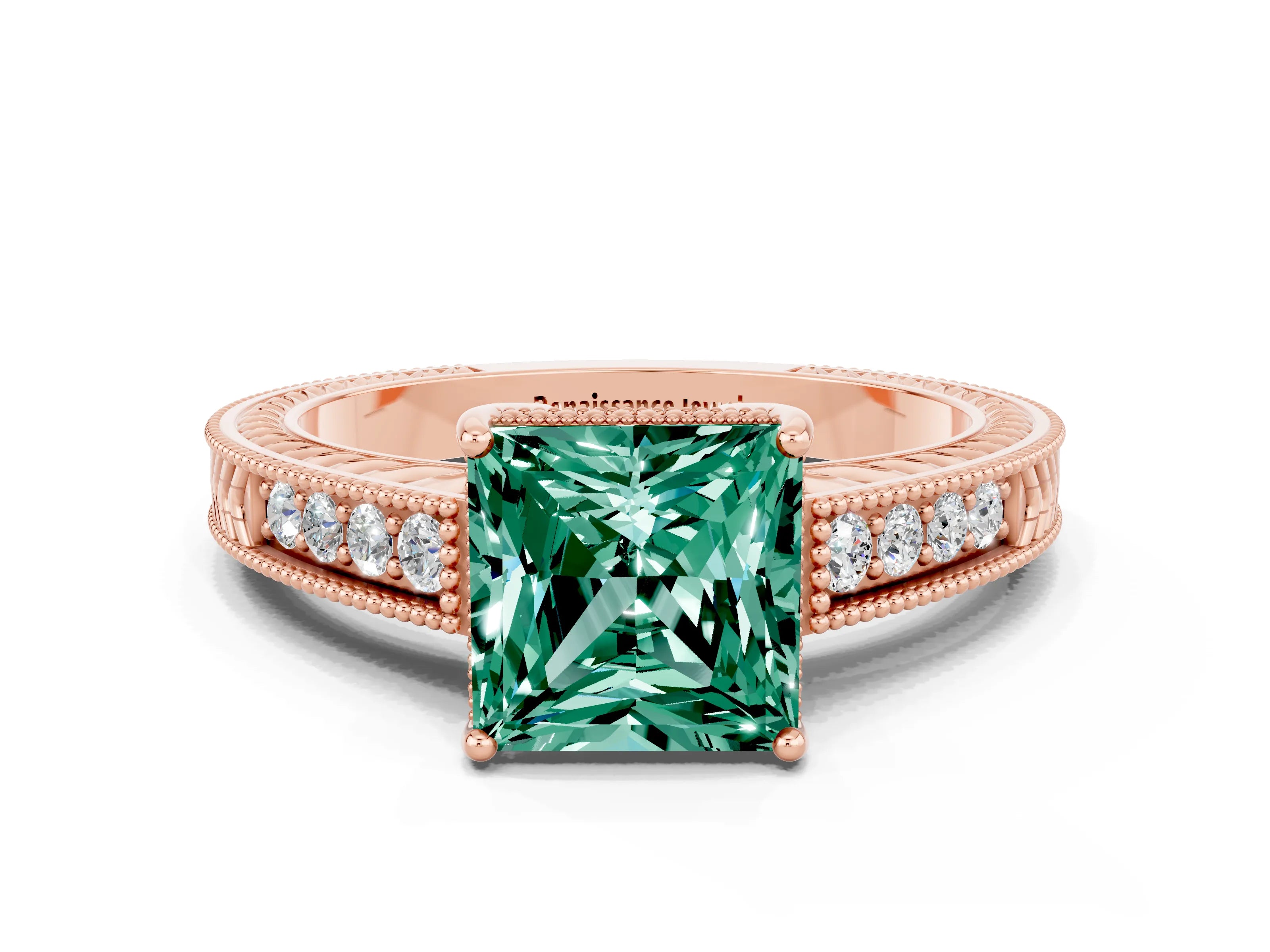 Rose gold Princess Cut Green Sapphire Engagement Ring with Milgrain Channel Set Band and Prong Setting