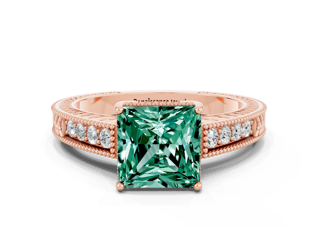 Rose gold Princess Cut Green Sapphire Engagement Ring with Milgrain Channel Set Band and Prong Setting