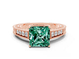 Rose gold Princess Cut Green Sapphire Engagement Ring with Milgrain Channel Set Band and Prong Setting