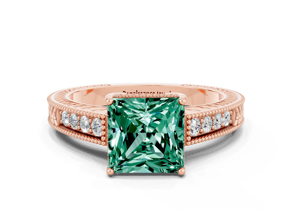 Rose gold Princess Cut Green Sapphire Engagement Ring with Milgrain Channel Set Band and Prong Setting