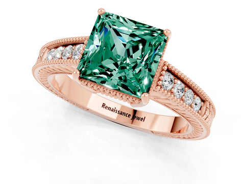 Rose gold Princess Cut Green Sapphire Engagement Ring with Milgrain Channel Set Band and Prong Setting_1