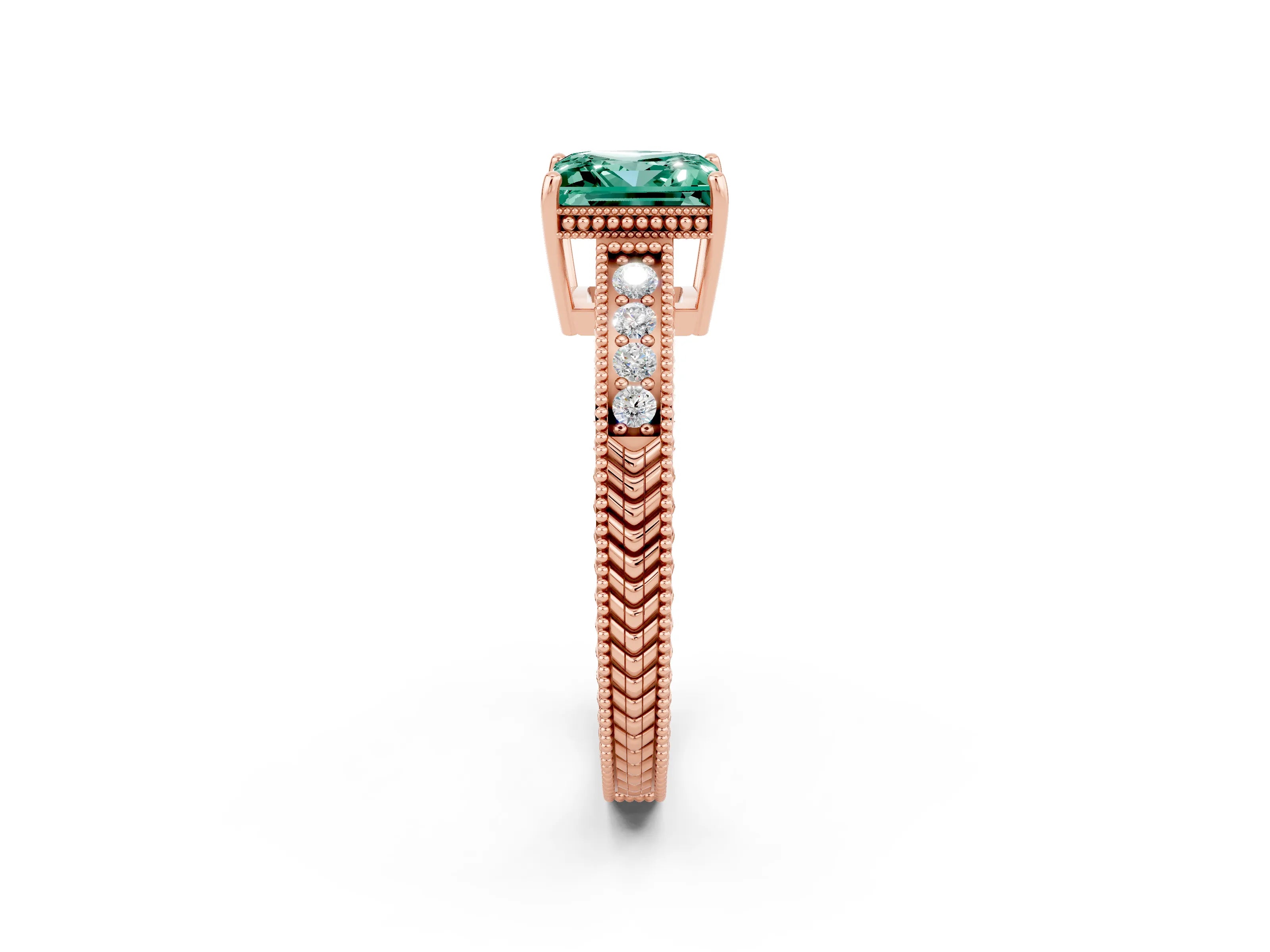 Rose gold Princess Cut Green Sapphire Engagement Ring with Milgrain Channel Set Band and Prong Setting_2