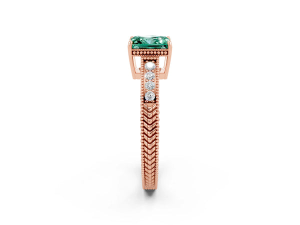 Rose gold Princess Cut Green Sapphire Engagement Ring with Milgrain Channel Set Band and Prong Setting