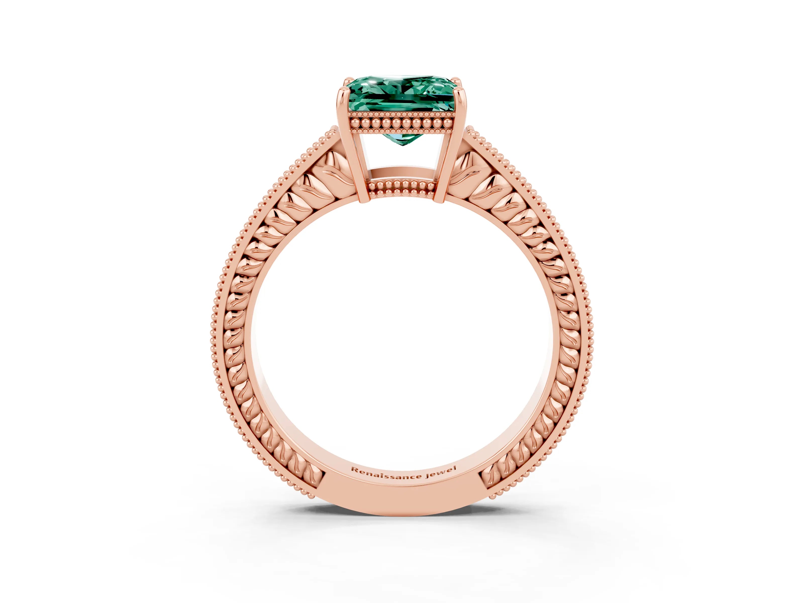 Rose gold Princess Cut Green Sapphire Engagement Ring with Milgrain Channel Set Band and Prong Setting_3