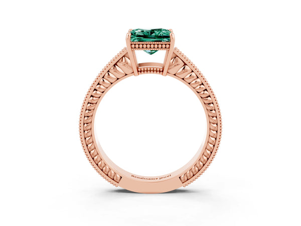 Rose gold Princess Cut Green Sapphire Engagement Ring with Milgrain Channel Set Band and Prong Setting