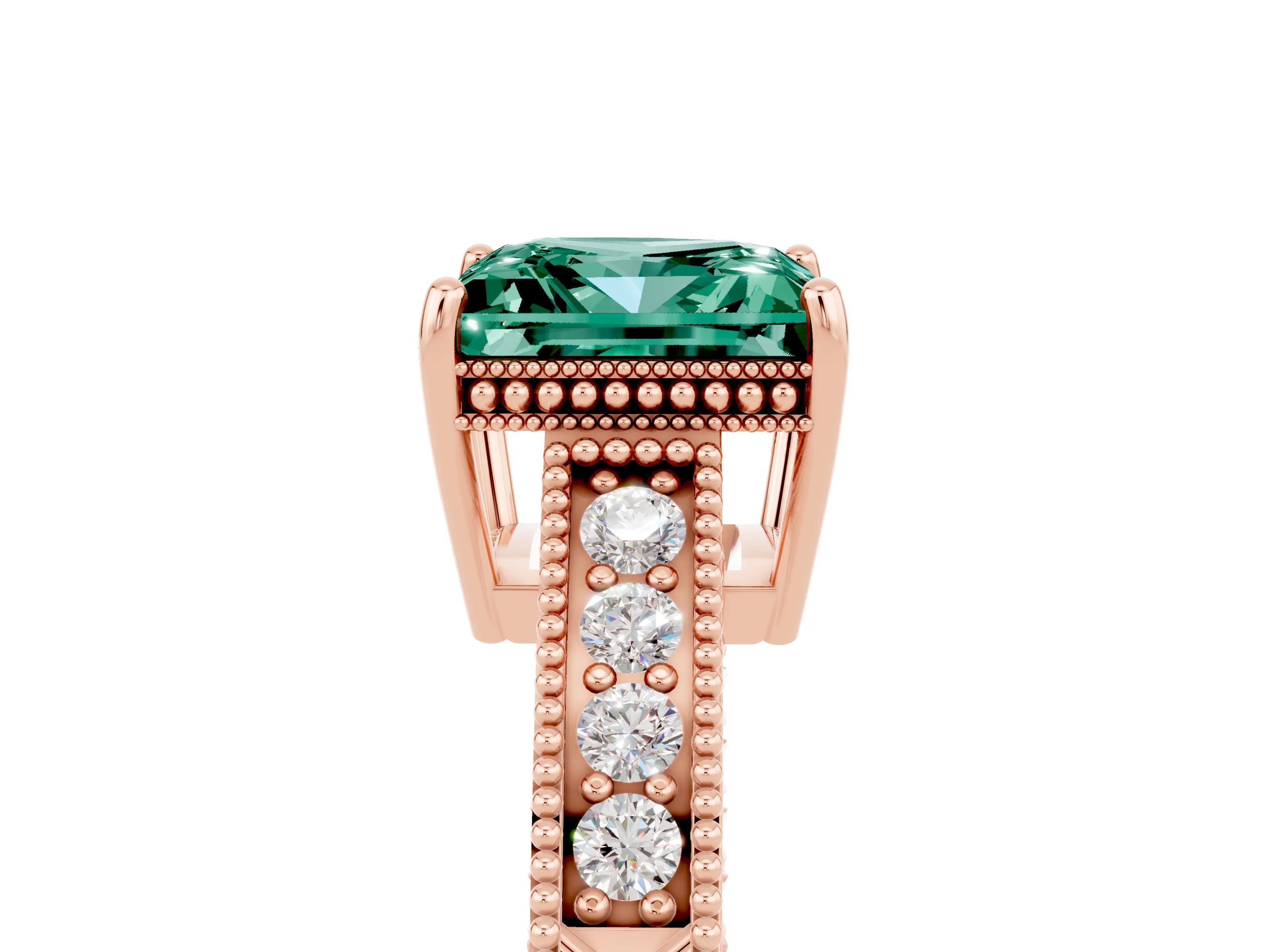 Rose gold Princess Cut Green Sapphire Engagement Ring with Milgrain Channel Set Band and Prong Setting_5
