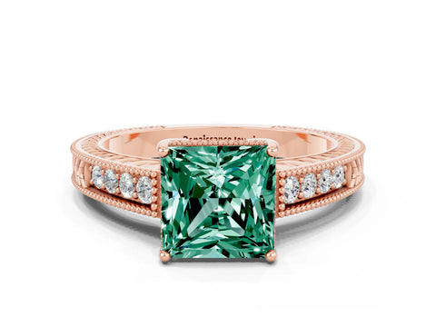 Rose gold Princess Cut Green Sapphire Engagement Ring with Milgrain Channel Set Band and Prong Setting