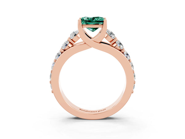Rose gold Princess Cut Green Sapphire Engagement Ring with Pavé Band and Four-Prong Setting