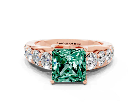 Rose gold Princess Cut Green Sapphire Engagement Ring with Pavé Band and Four-Prong Setting