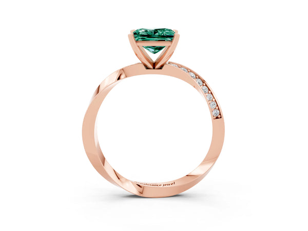 Rose gold Princess Cut Green Sapphire Engagement Ring with Side Stone Accents and Four-Prong Setting