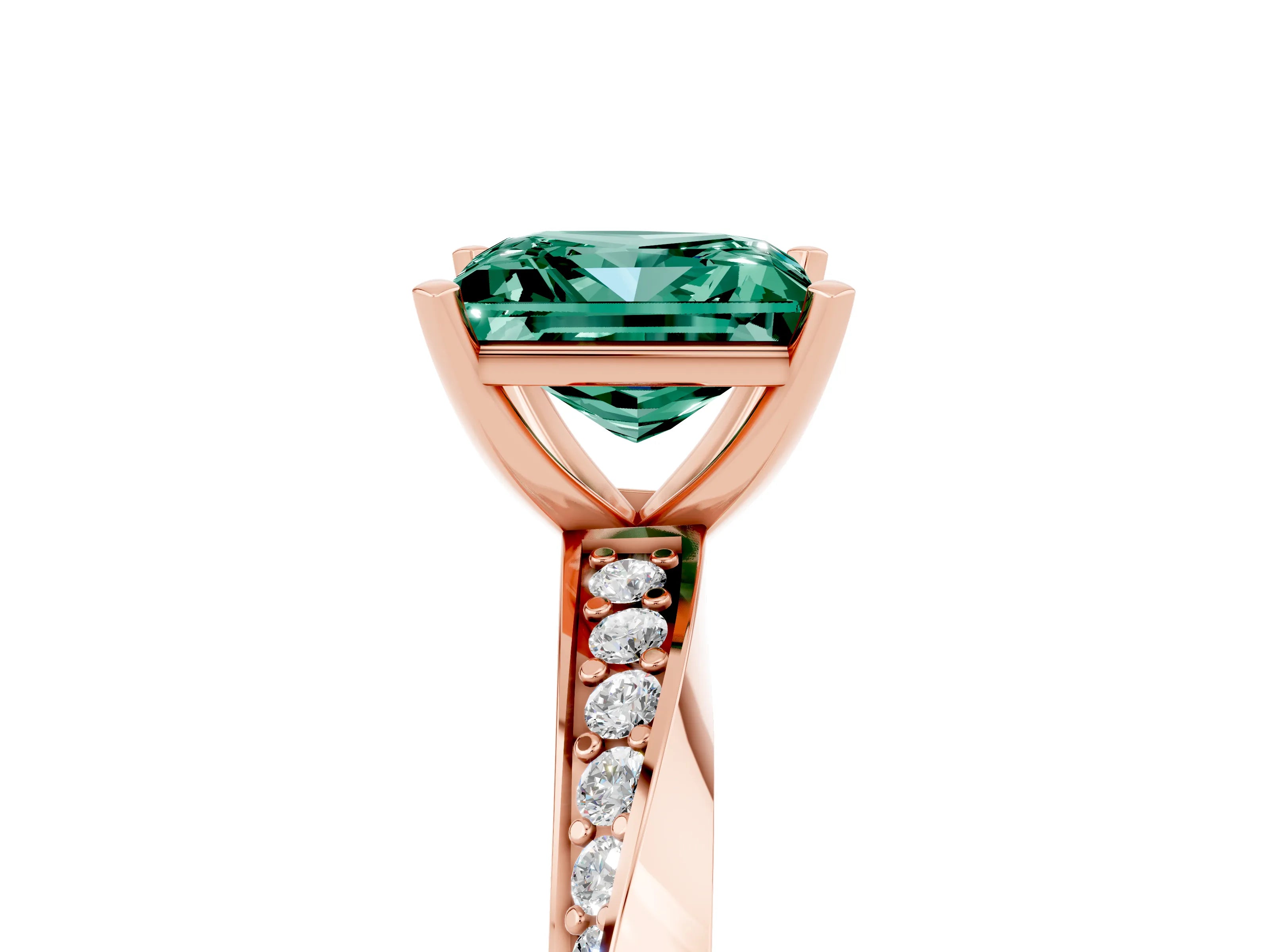 Rose gold Princess Cut Green Sapphire Engagement Ring with Side Stone Accents and Four-Prong Setting_44