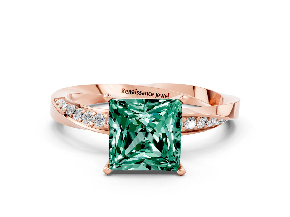 Rose gold Princess Cut Green Sapphire Engagement Ring with Side Stone Accents and Four-Prong Setting_60