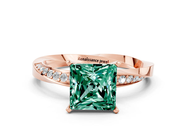 Rose gold Princess Cut Green Sapphire Engagement Ring with Side Stone Accents and Four-Prong Setting