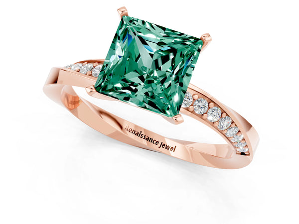 Rose gold Princess Cut Green Sapphire Engagement Ring with Side Stone Accents and Four-Prong Setting