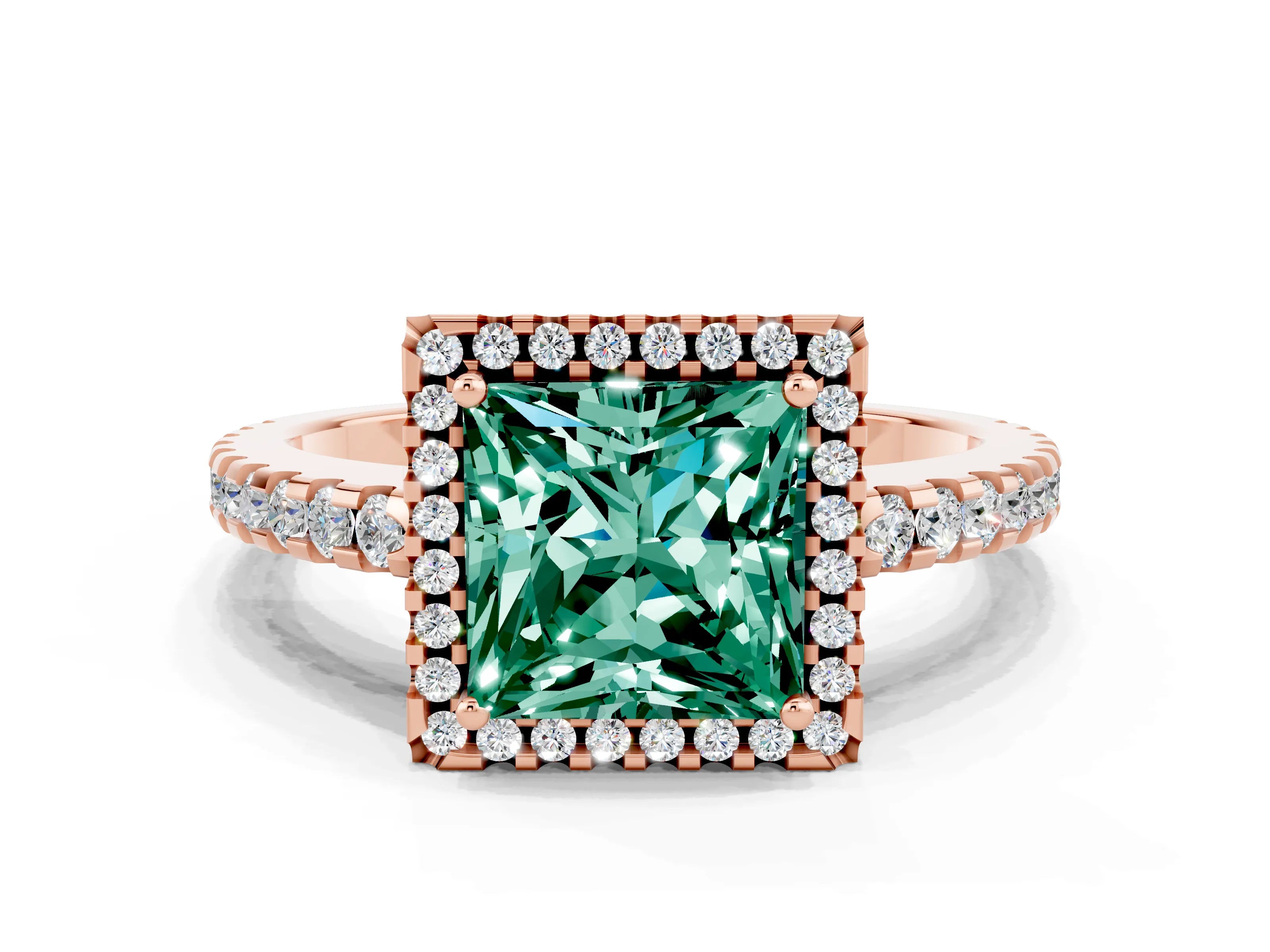 Rose gold Princess Cut Green Sapphire Halo Engagement Ring with Pavé Band and Prong Setting_12