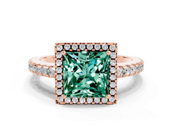 Rose gold Princess Cut Green Sapphire Halo Engagement Ring with Pavé Band and Prong Setting