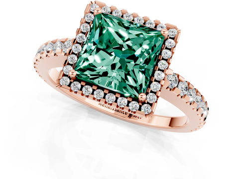 Rose gold Princess Cut Green Sapphire Halo Engagement Ring with Pavé Band and Prong Setting_13