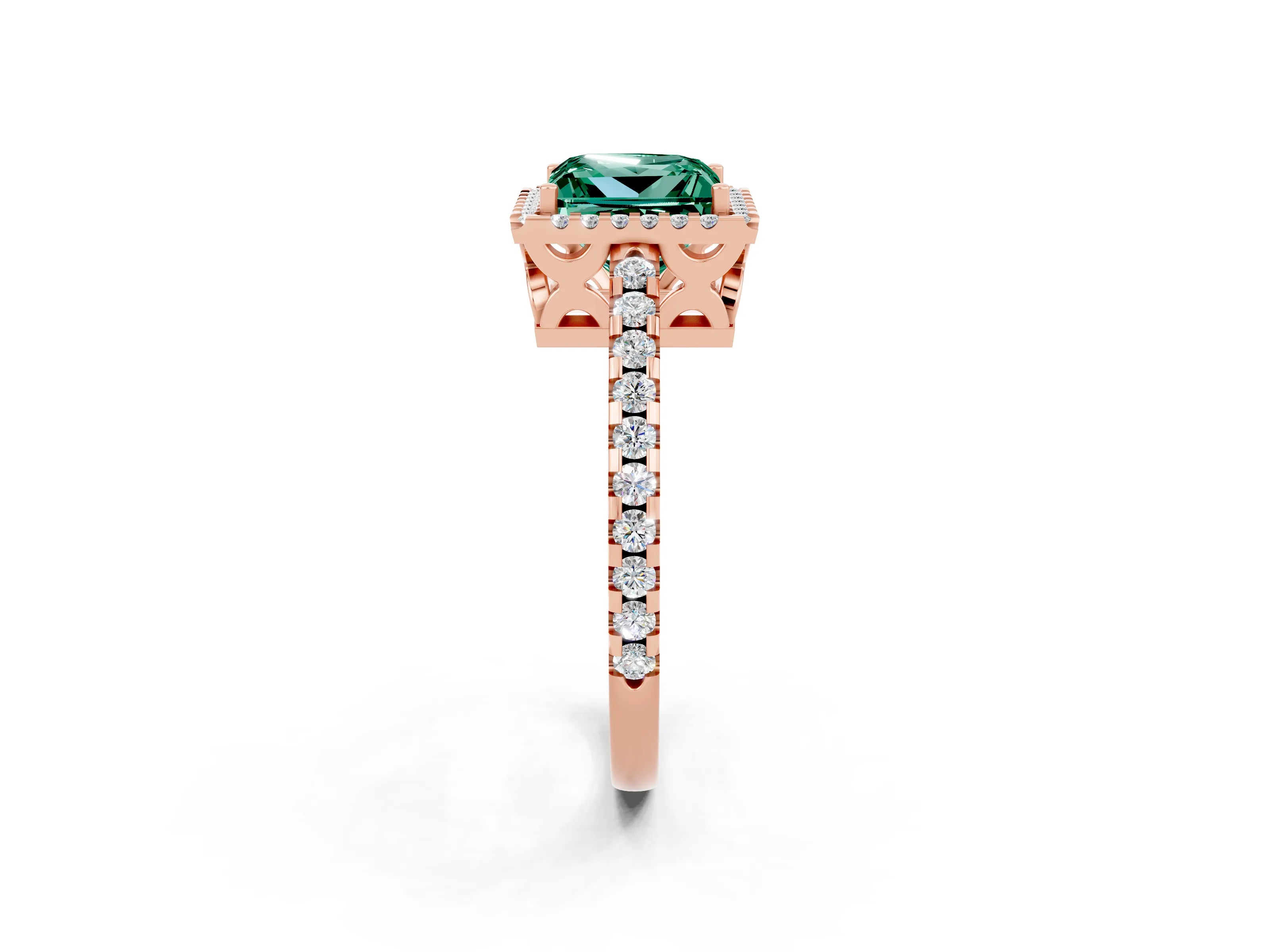 Rose gold Princess Cut Green Sapphire Halo Engagement Ring with Pavé Band and Prong Setting_14