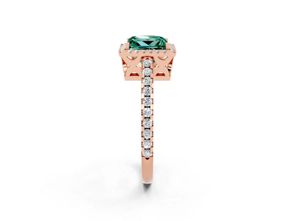 Rose gold Princess Cut Green Sapphire Halo Engagement Ring with Pavé Band and Prong Setting