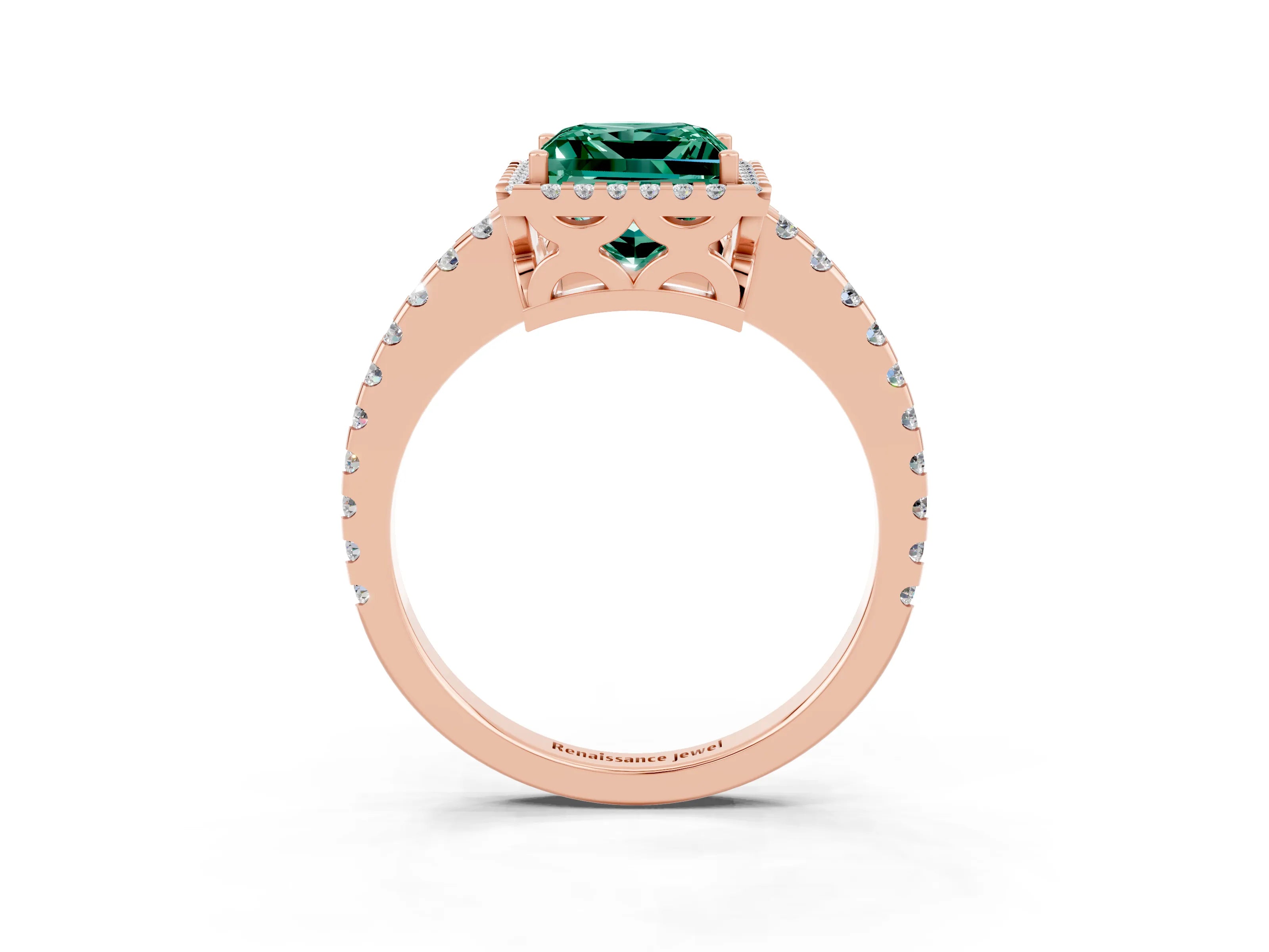Rose gold Princess Cut Green Sapphire Halo Engagement Ring with Pavé Band and Prong Setting_15