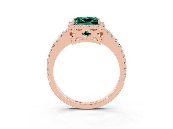 Rose gold Princess Cut Green Sapphire Halo Engagement Ring with Pavé Band and Prong Setting