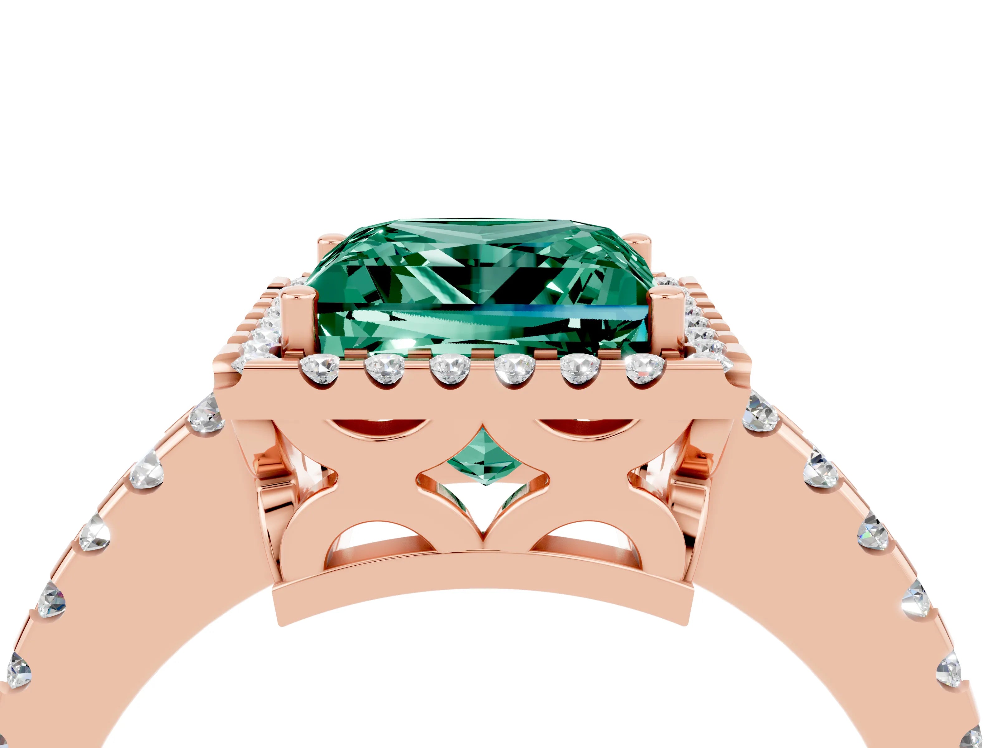 Rose gold Princess Cut Green Sapphire Halo Engagement Ring with Pavé Band and Prong Setting_16
