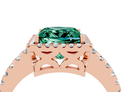 Rose gold Princess Cut Green Sapphire Halo Engagement Ring with Pavé Band and Prong Setting_16