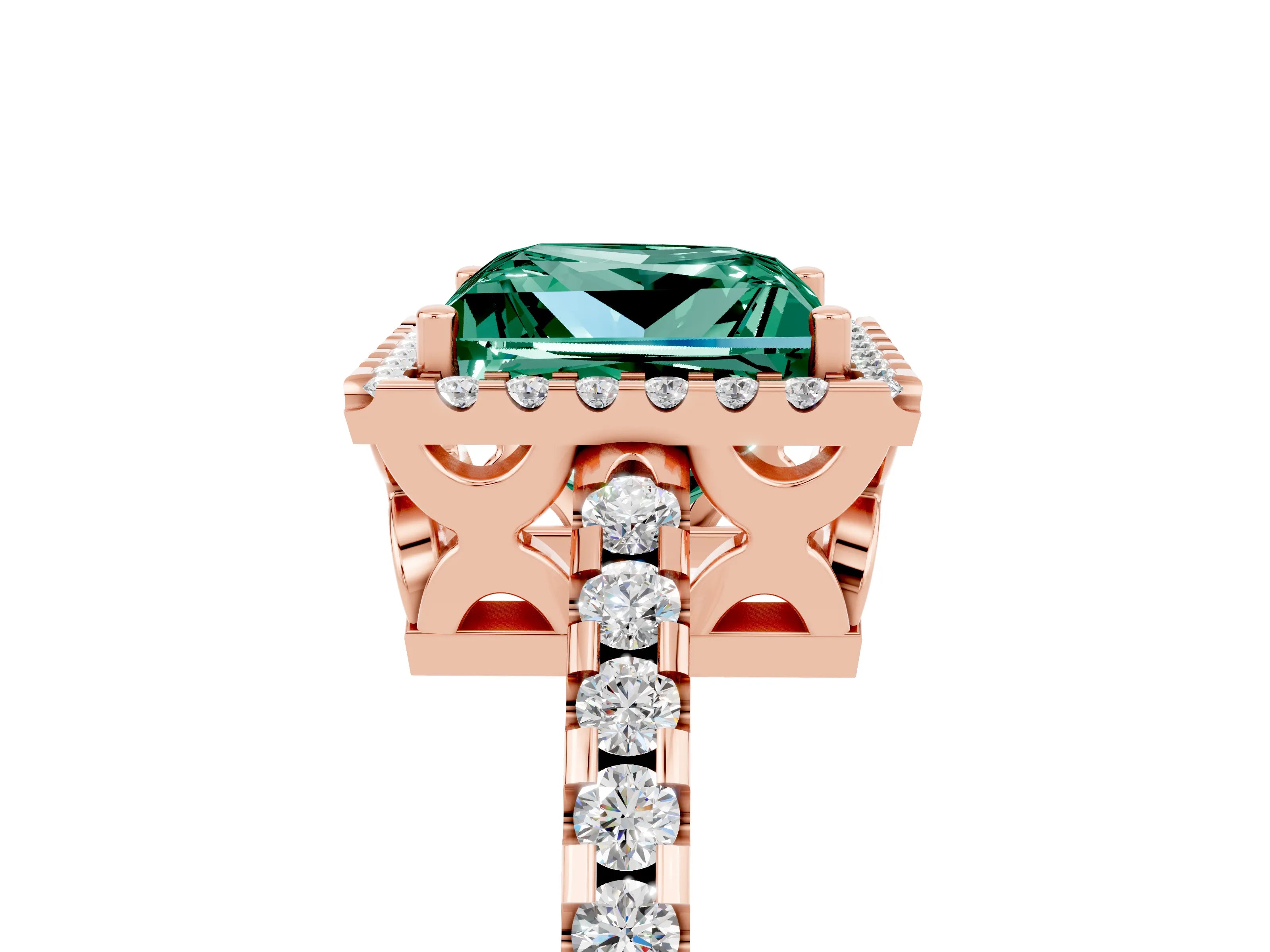 Rose gold Princess Cut Green Sapphire Halo Engagement Ring with Pavé Band and Prong Setting_17