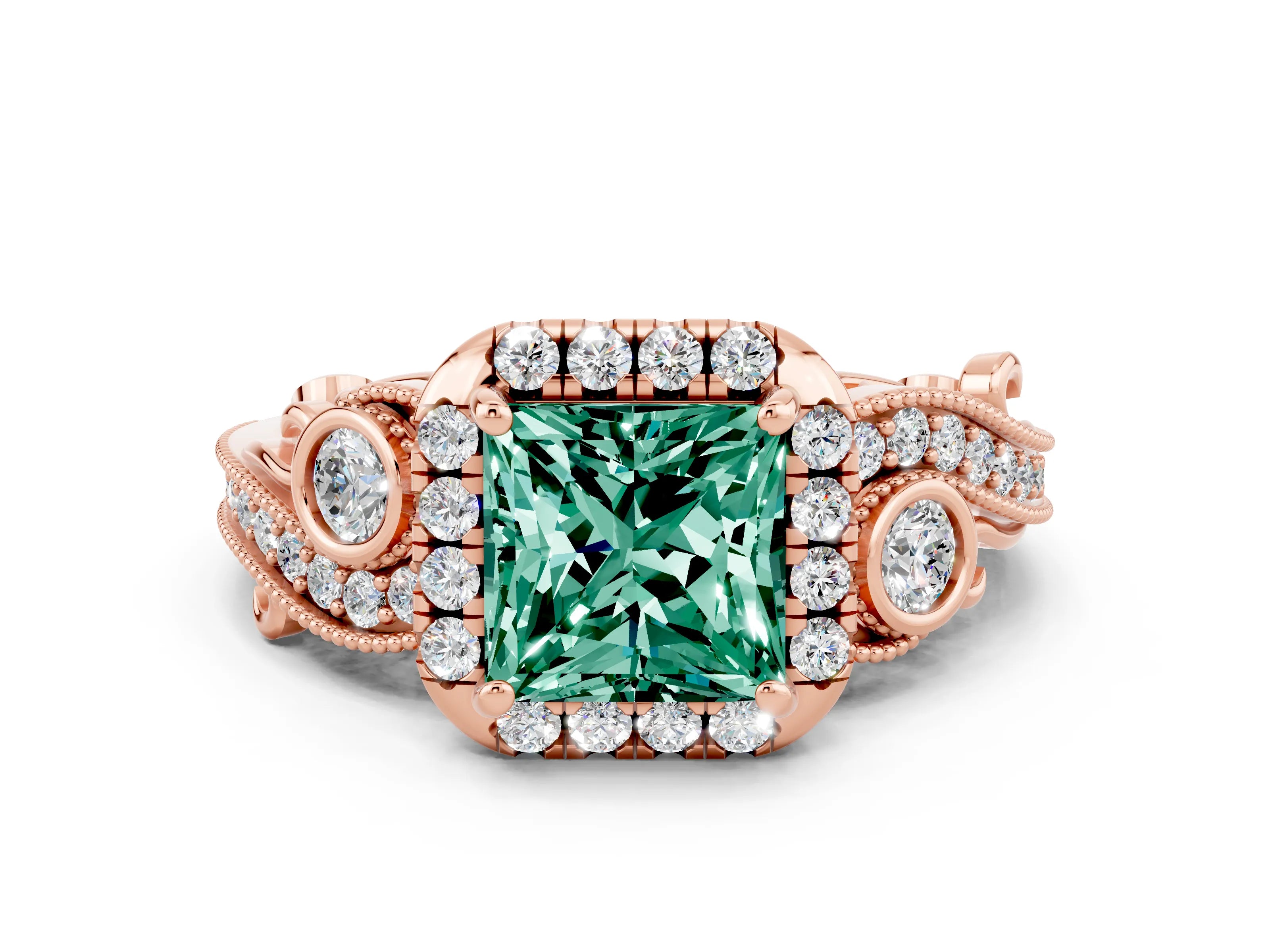 Rose gold Princess Cut Green Sapphire Halo Ring with Milgrain Pavé Band and Four-Prong Setting_12