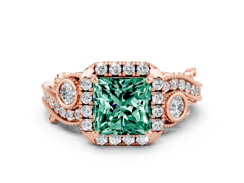 Rose gold Princess Cut Green Sapphire Halo Ring with Milgrain Pavé Band and Four-Prong Setting_12