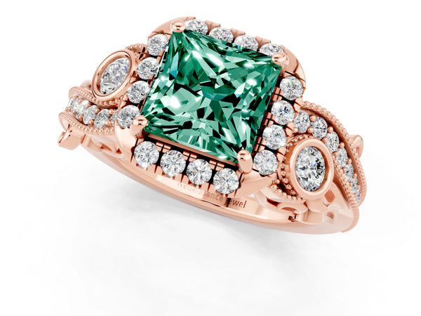 Rose gold Princess Cut Green Sapphire Halo Ring with Milgrain Pavé Band and Four-Prong Setting