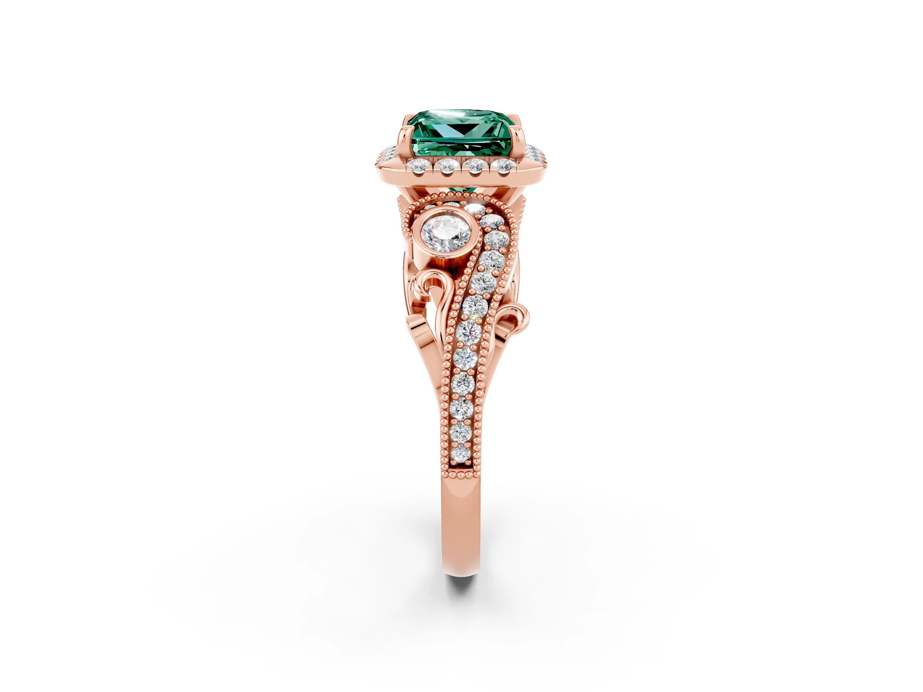 Rose gold Princess Cut Green Sapphire Halo Ring with Milgrain Pavé Band and Four-Prong Setting_14