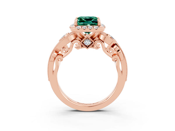 Rose gold Princess Cut Green Sapphire Halo Ring with Milgrain Pavé Band and Four-Prong Setting