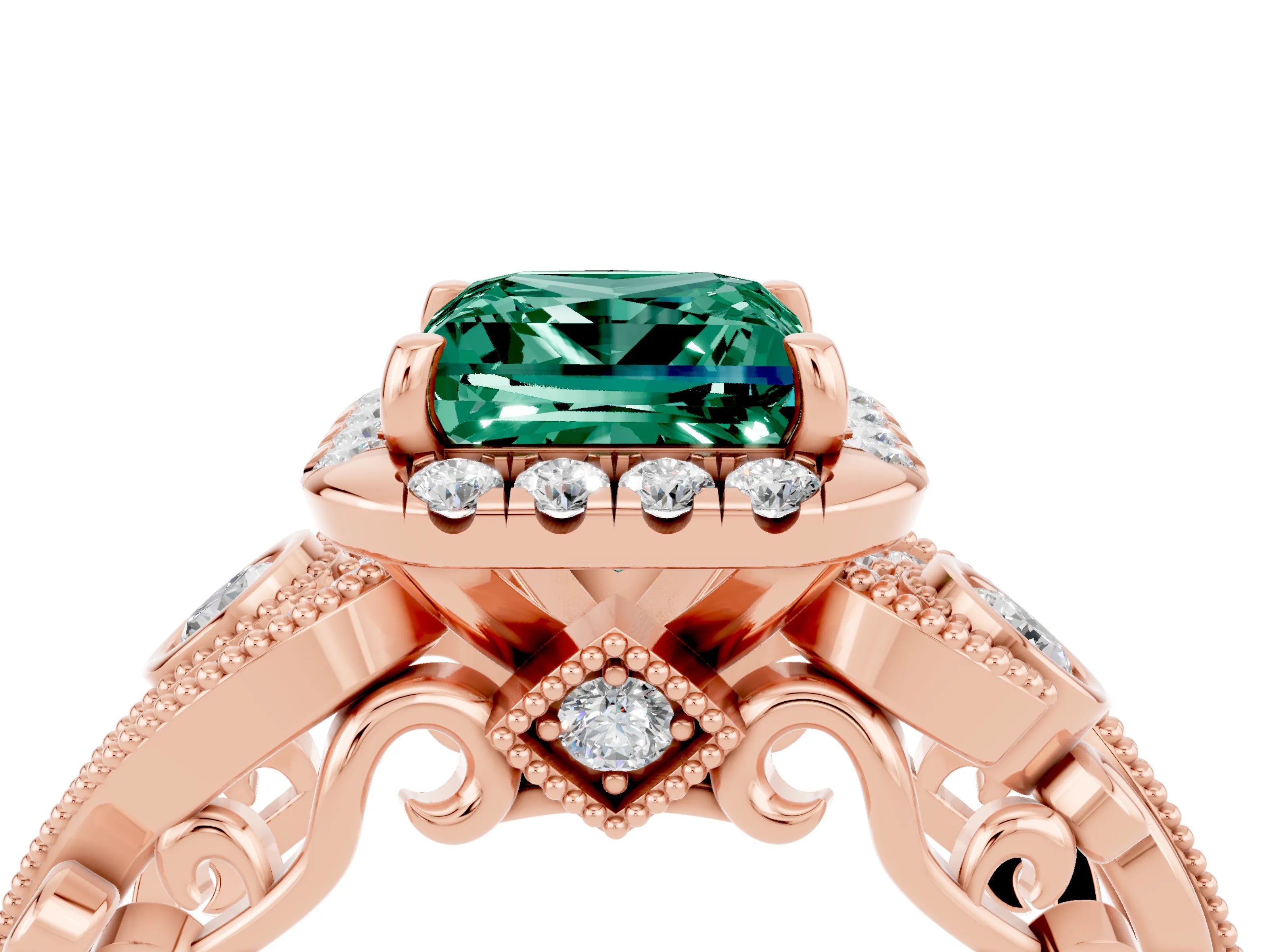 Rose gold Princess Cut Green Sapphire Halo Ring with Milgrain Pavé Band and Four-Prong Setting_16