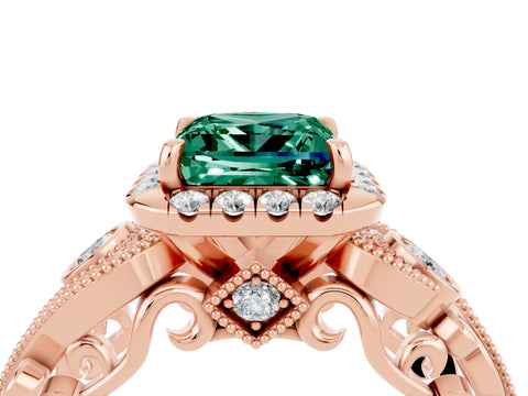 Rose gold Princess Cut Green Sapphire Halo Ring with Milgrain Pavé Band and Four-Prong Setting_16