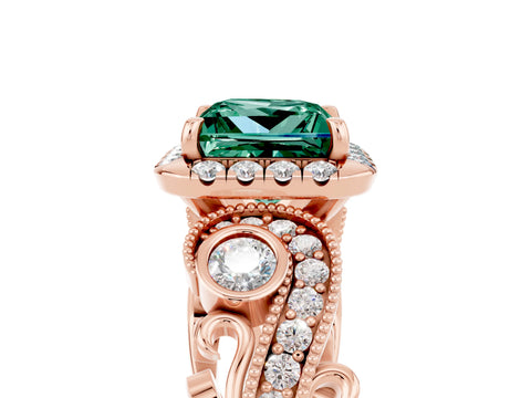 Rose gold Princess Cut Green Sapphire Halo Ring with Milgrain Pavé Band and Four-Prong Setting_17