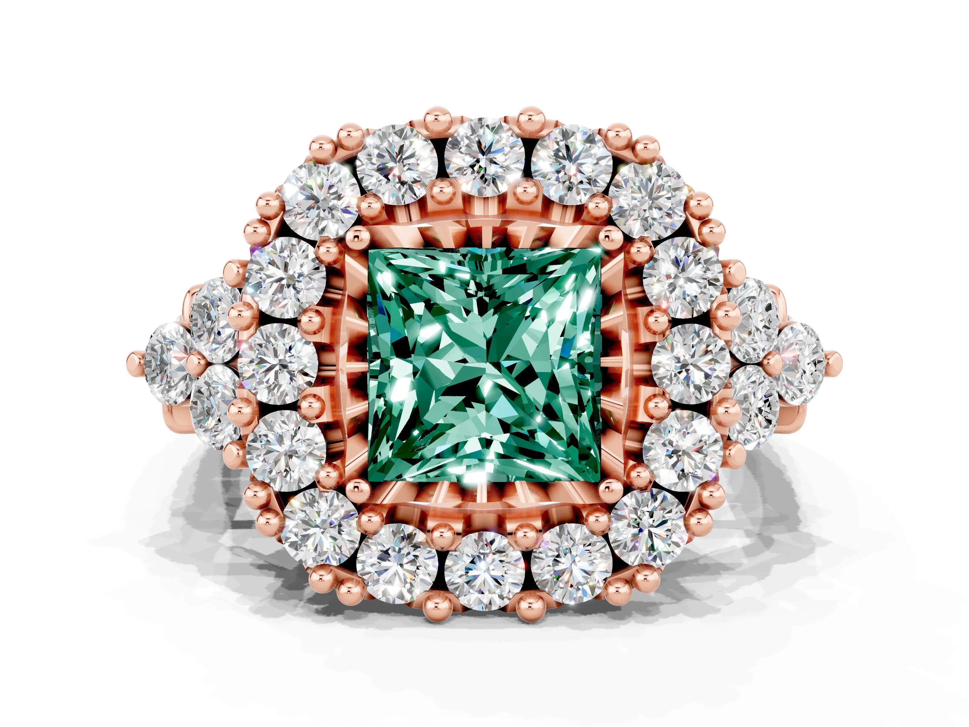 Rose gold Princess Cut Green Sapphire Halo Ring with Pavé Band and Four-Prong Setting_12